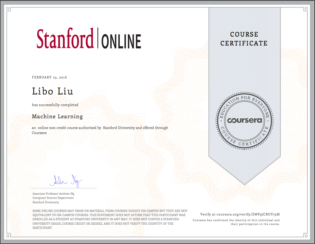 Stanford Machine Learning Certificate by Andrew Ng